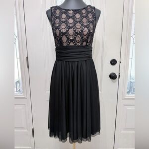 JH Evenings Black Lace Chiffon Cocktail Dress Sequin Bodice V Back Size 6